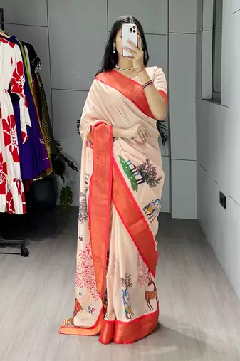 Cream color kalamkari printed silk saree with unstitched blouse