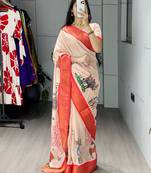 Cream color kalamkari printed silk saree with unstitched blouse
