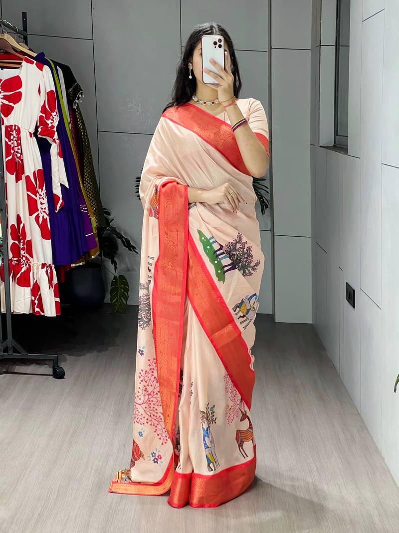 Cream color kalamkari printed silk saree with unstitched blouse