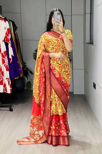Yellow color kalamkari printed silk saree with unstitched blouse