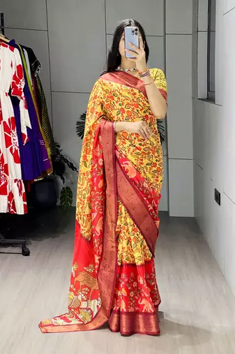Yellow color kalamkari printed silk saree with unstitched blouse