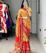 Yellow color kalamkari printed silk saree with unstitched blouse