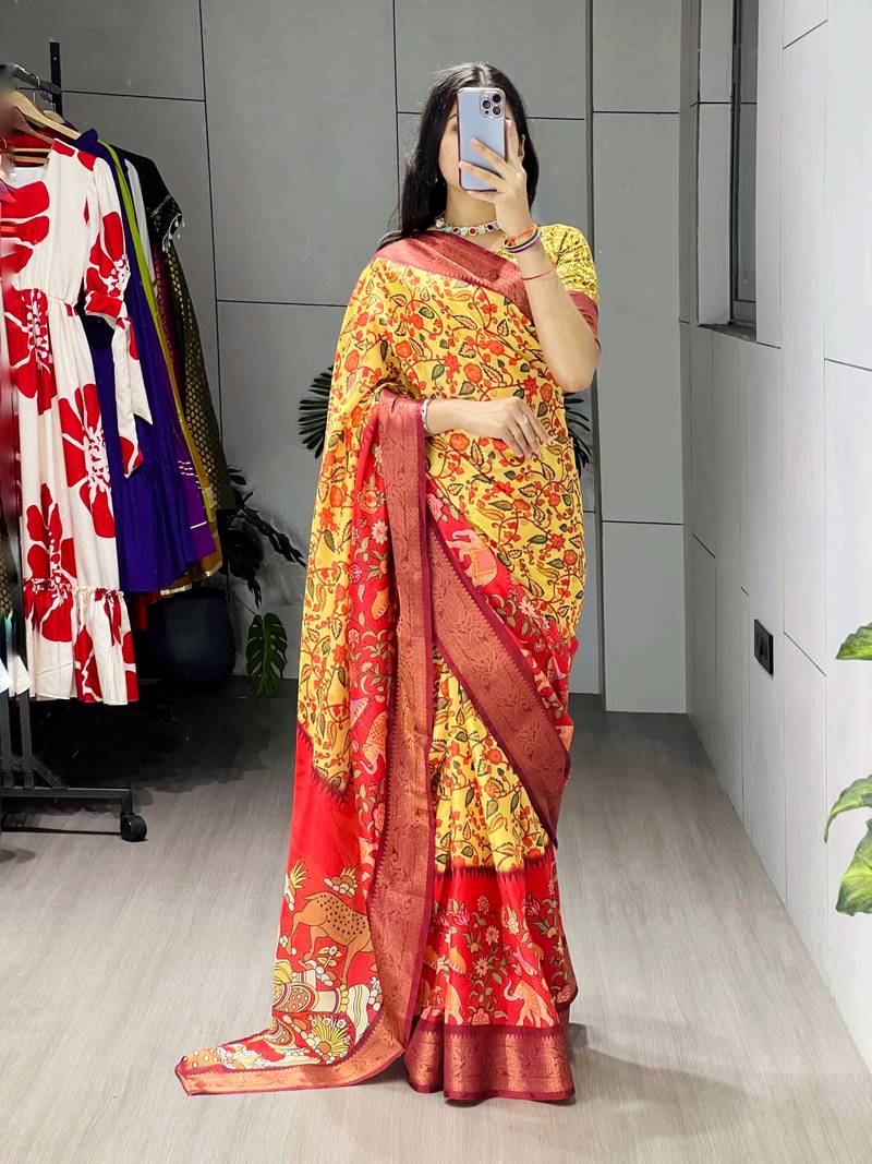 Yellow color kalamkari printed silk saree with unstitched blouse