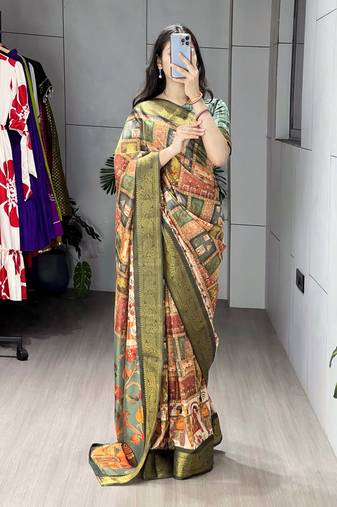 Green color kalamkari printed silk saree with unstitched blouse