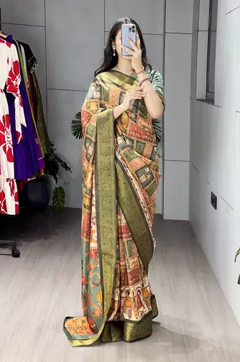 Green color kalamkari printed silk saree with unstitched blouse