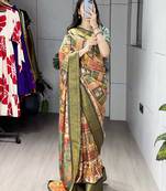 Green color kalamkari printed silk saree with unstitched blouse