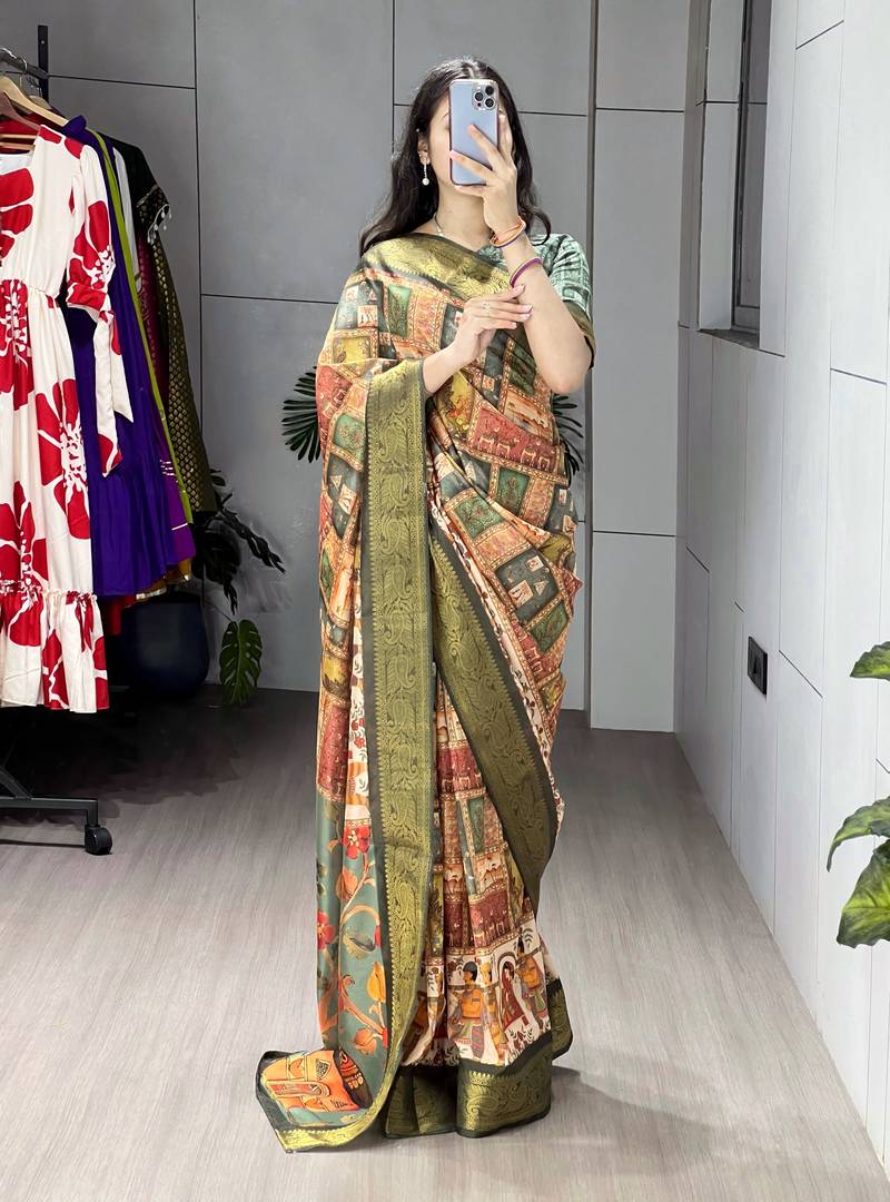 Green color kalamkari printed silk saree with unstitched blouse