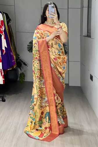 Peach color kalamkari printed silk saree with unstitched blouse