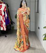 Peach color kalamkari printed silk saree with unstitched blouse
