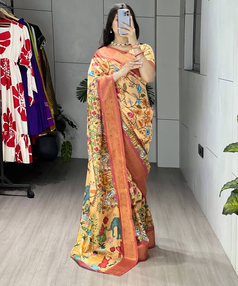 Peach color kalamkari printed silk saree with unstitched blouse