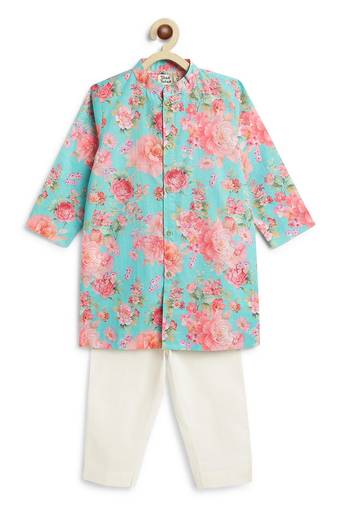Blue floral printed cotton kurta set