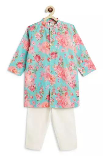 Blue floral printed cotton kurta set