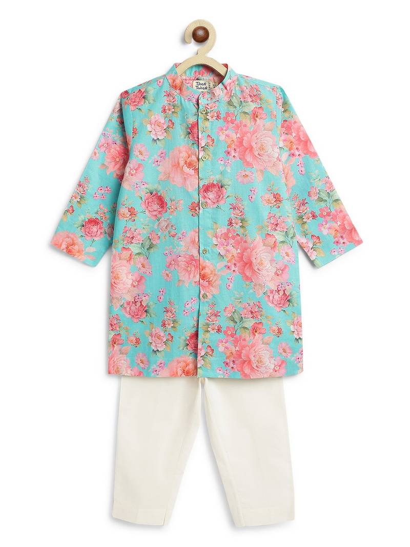 Blue floral printed cotton kurta set
