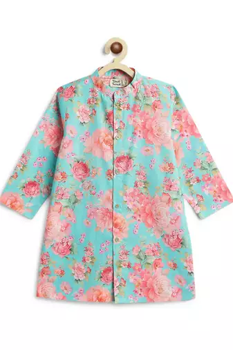 Blue floral printed cotton kurta set