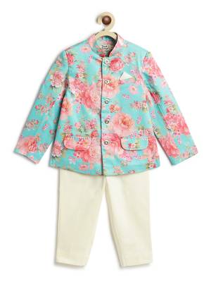 Cream floral printed viscose bandhgala set 2
