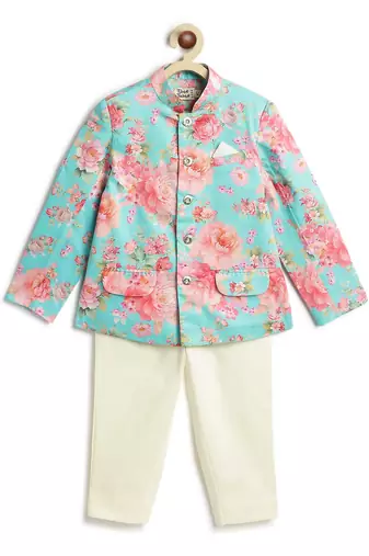Cream floral printed viscose bandhgala set