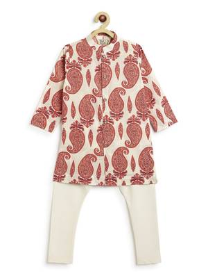 Cream floral printed cotton kurta set 2
