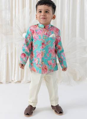 Cream floral printed viscose bandhgala set 1