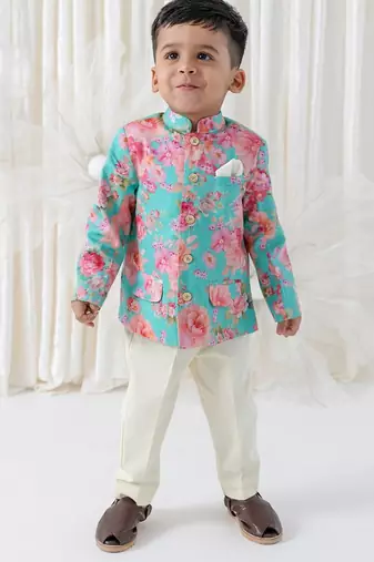 Cream floral printed viscose bandhgala set