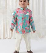 Cream floral printed viscose bandhgala set