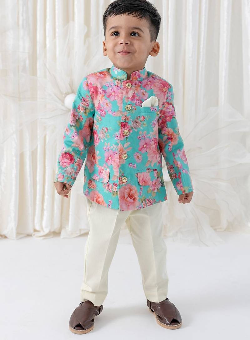 Cream floral printed viscose bandhgala set