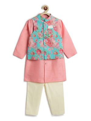 Blue floral printed viscose nehru jacket with pink kurta set 1
