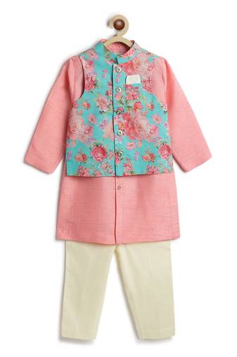Blue floral printed viscose nehru jacket with pink kurta set