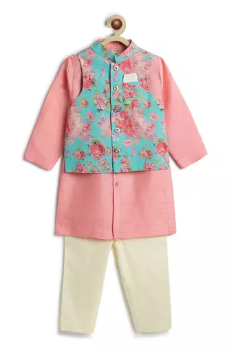 Blue floral printed viscose nehru jacket with pink kurta set