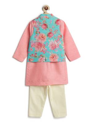 Blue floral printed viscose nehru jacket with pink kurta set 2