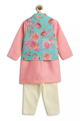 Blue floral printed viscose nehru jacket with pink kurta set
