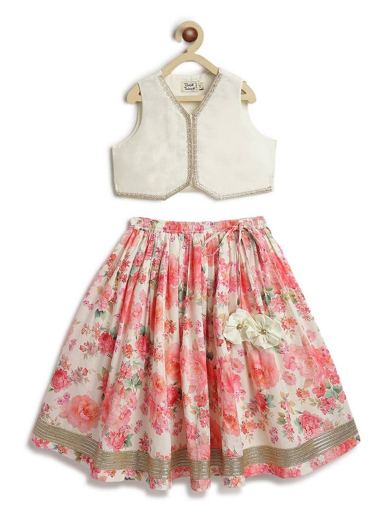 Pink floral printed cotton lehenga
