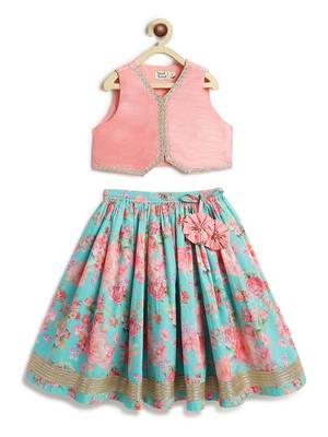 Pink & blue floral printed cotton lehenga  set 1