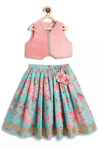 Pink & blue floral printed cotton lehenga  set