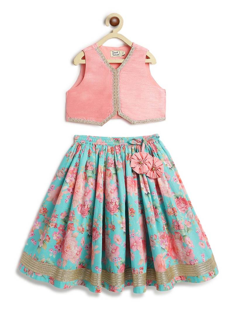 Pink & blue floral printed cotton lehenga  set