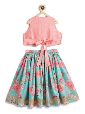 Pink & blue floral printed cotton lehenga  set 2
