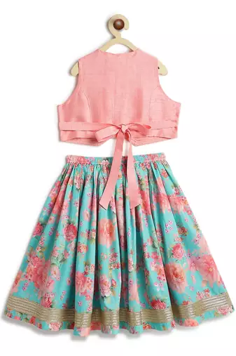 Pink & blue floral printed cotton lehenga  set
