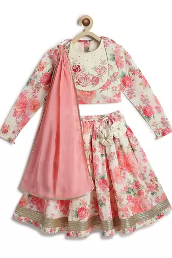 Pink floral printed cotton lehenga