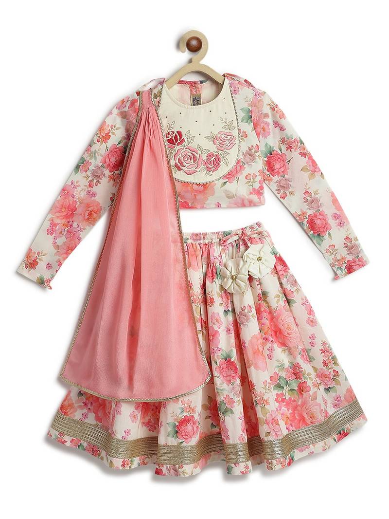 Pink floral printed cotton lehenga
