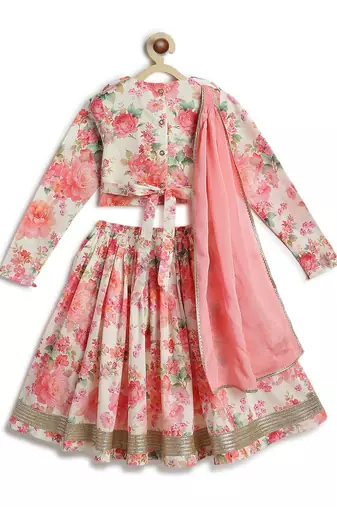 Pink floral printed cotton lehenga