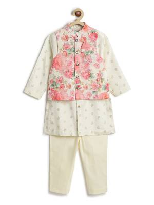 Cream floral printed viscose nehru jacket set 1