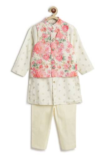 Cream floral printed viscose nehru jacket set