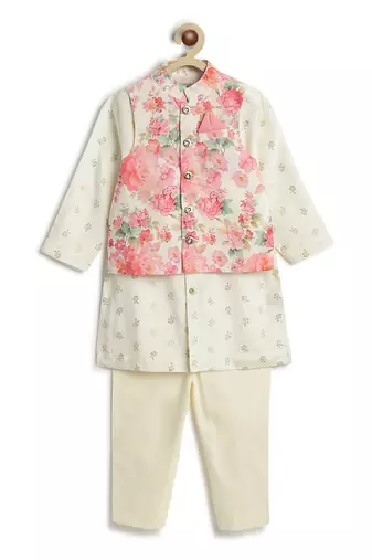 Cream floral printed viscose nehru jacket set