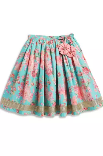Pink & blue floral printed cotton lehenga  set