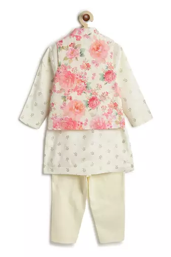 Cream floral printed viscose nehru jacket set