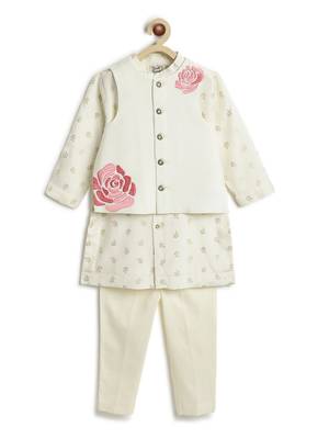 Cream floral printed viscose nehru jacket set 1