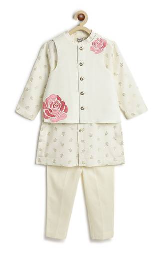 Cream floral printed viscose nehru jacket set