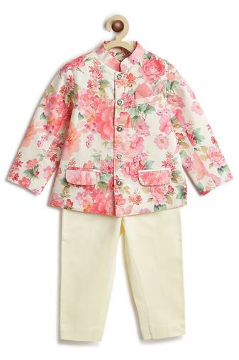 Cream floral printed viscose bandhgala set