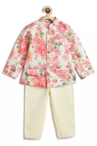 Cream floral printed viscose bandhgala set