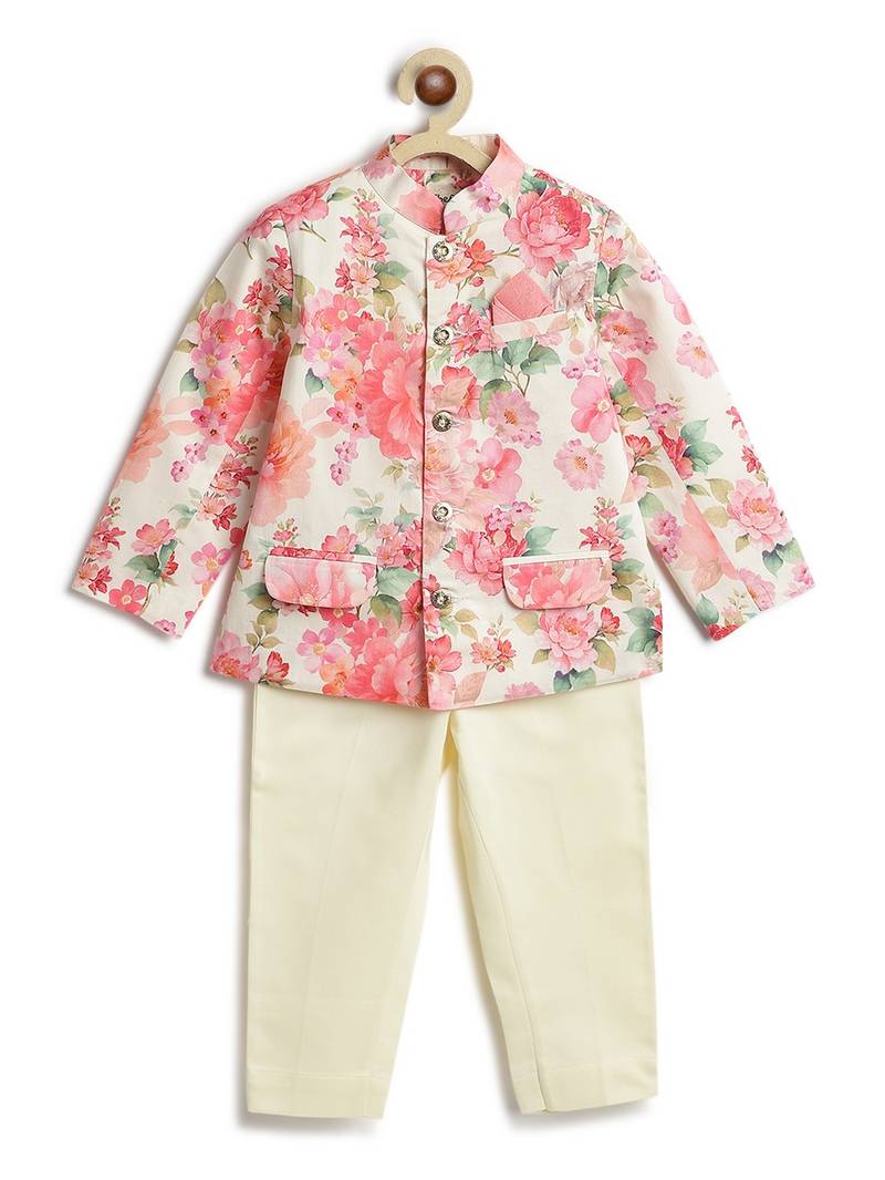 Cream floral printed viscose bandhgala set
