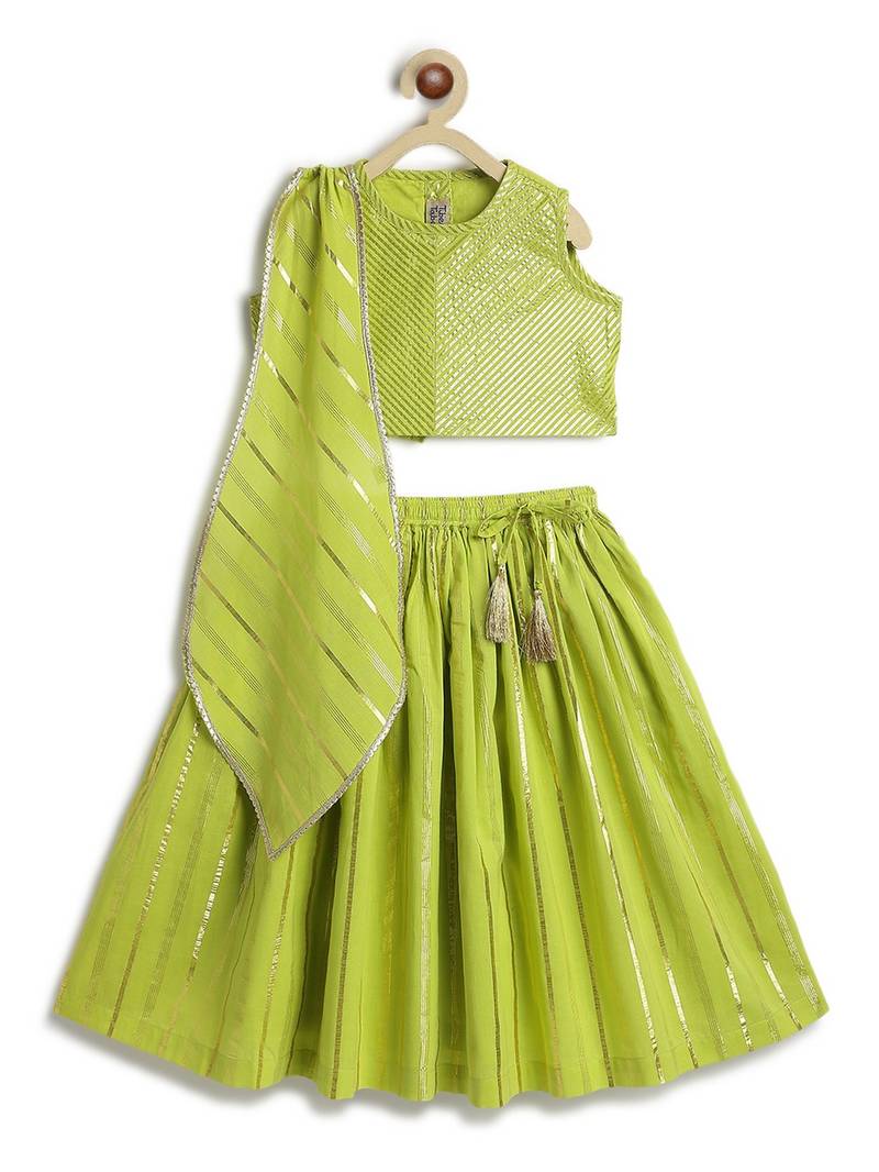 Green plain cotton lehenga